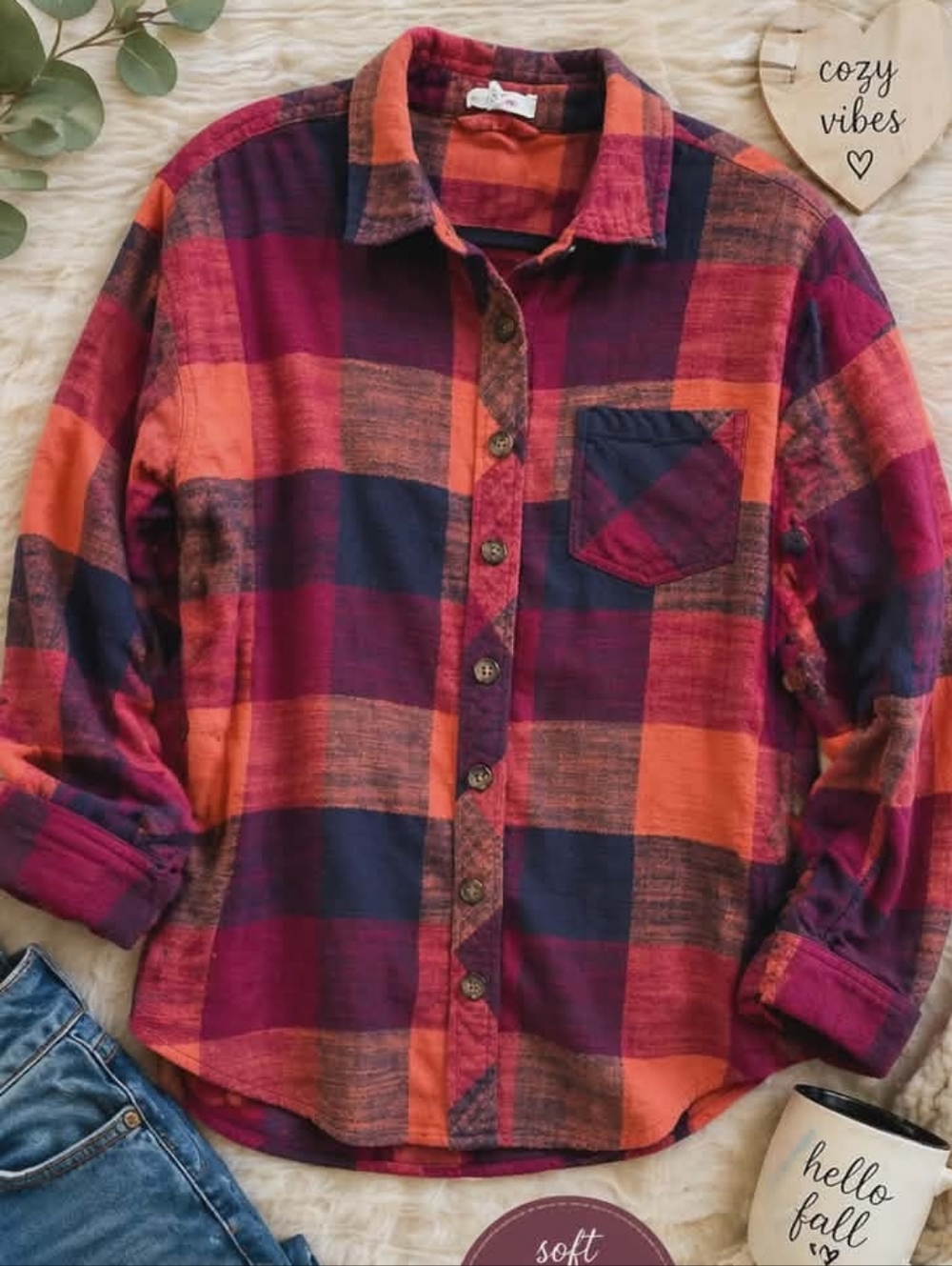 Maurices Red and Orange Plaid Button-Down Women's Flannel Shirt Size Medium